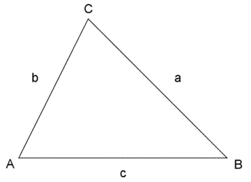Figuren viser en trekant ABC med sidene BC=a, AC=b og AB=c.